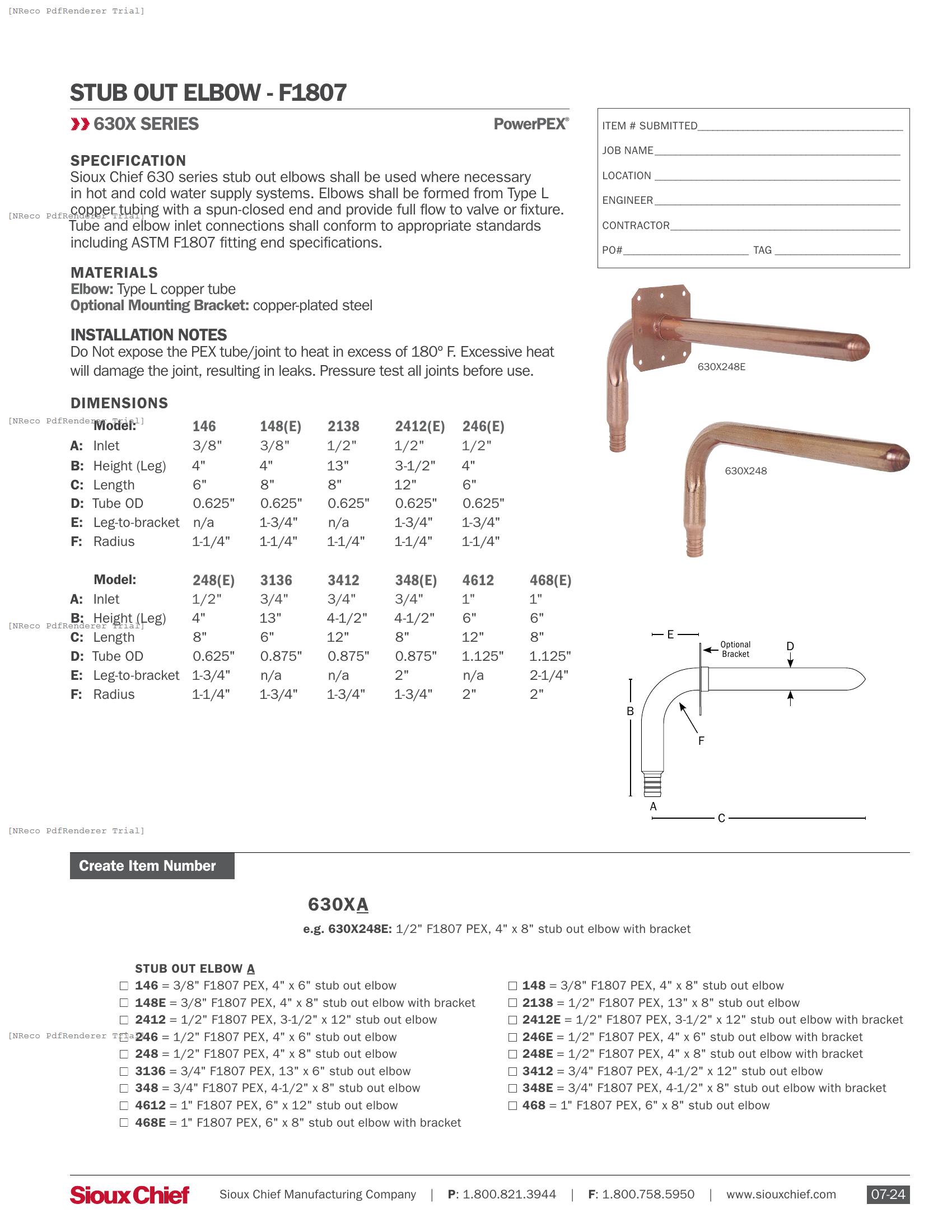 630X SERIES - F1807 STUB OUT ELBOWS - SPEC SHEET.PDF Specification Document
